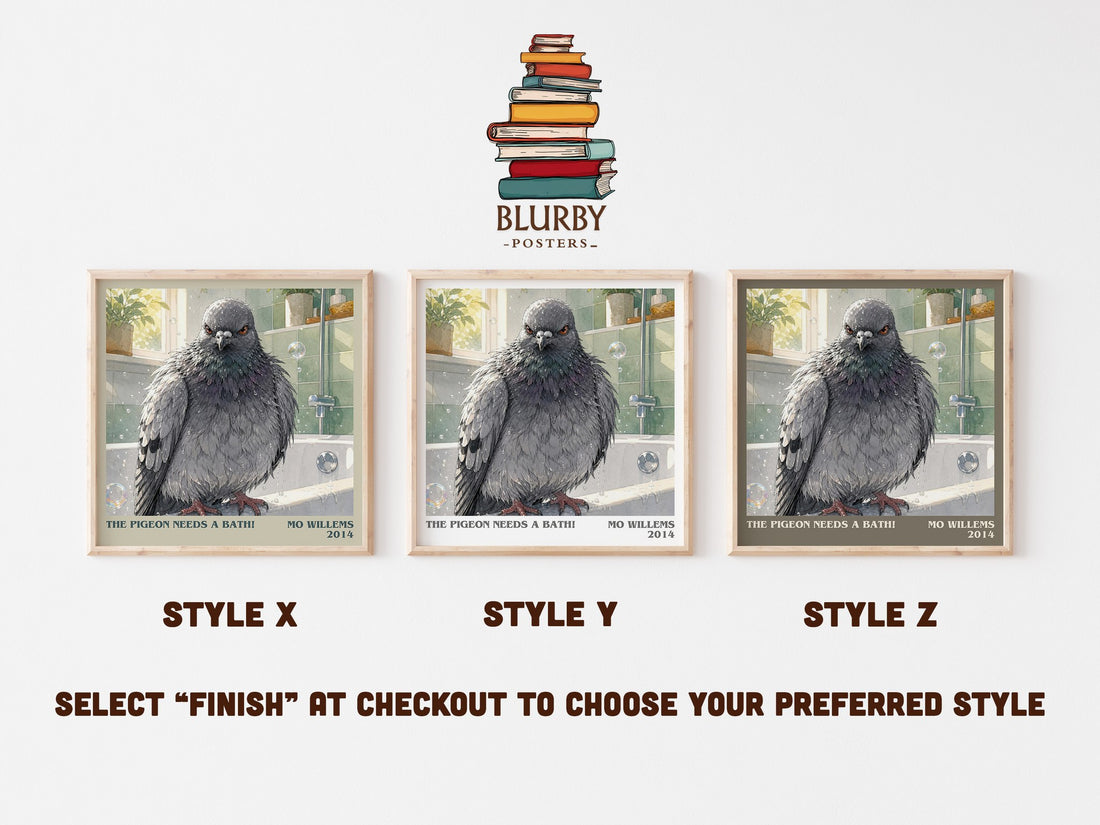 The Pigeon Needs a Bath! literary print in frame leaning in hallway – childrens wall art (mockup)