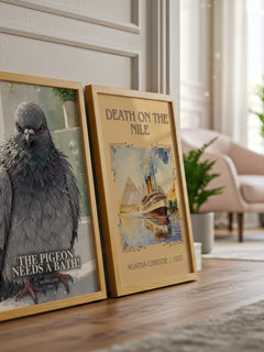 The Pigeon Needs a Bath! watercolour print framed by window – literary home decor