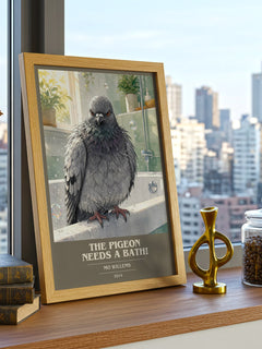 The Pigeon Needs a Bath! book cover print framed by window – literary home decor