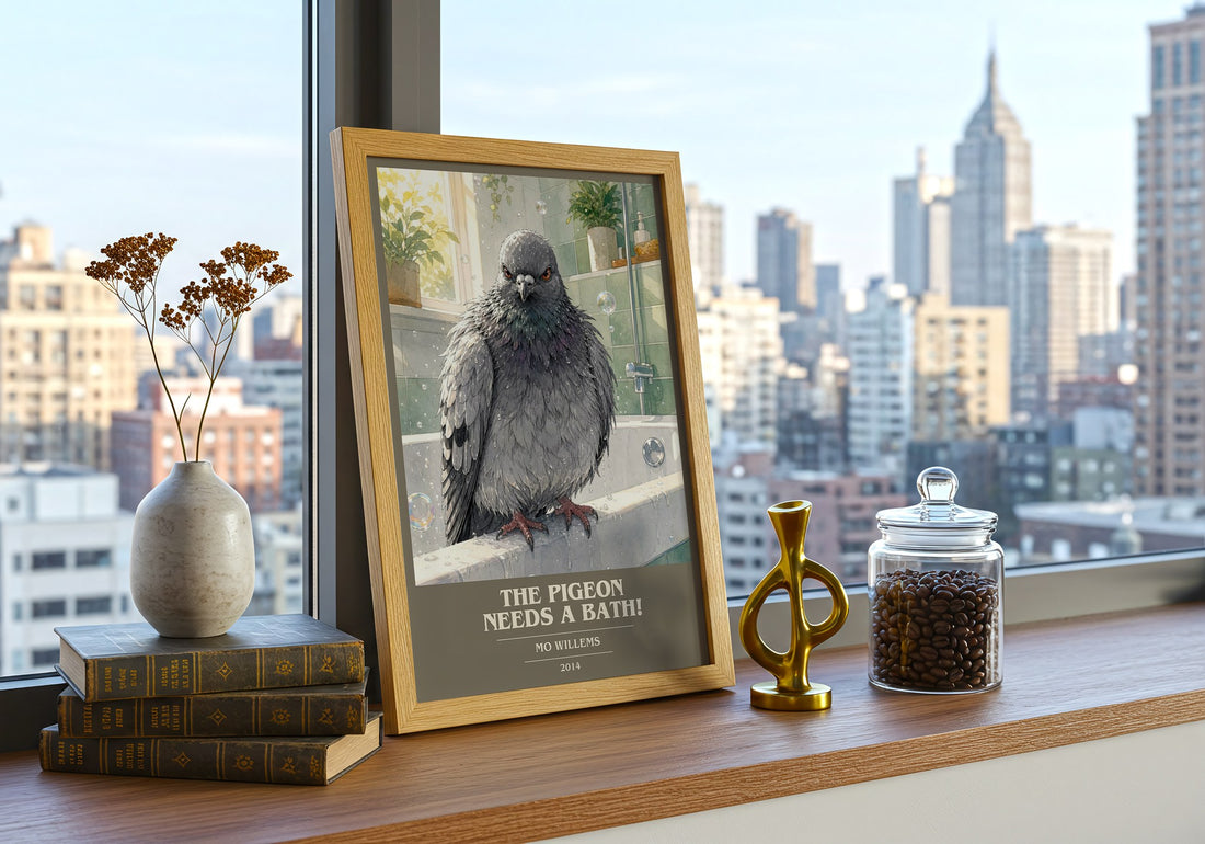 The Pigeon Needs a Bath! book cover print framed by window – literary home decor