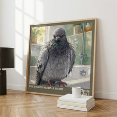 The Pigeon Needs a Bath! literary print framed by window – literary home decor