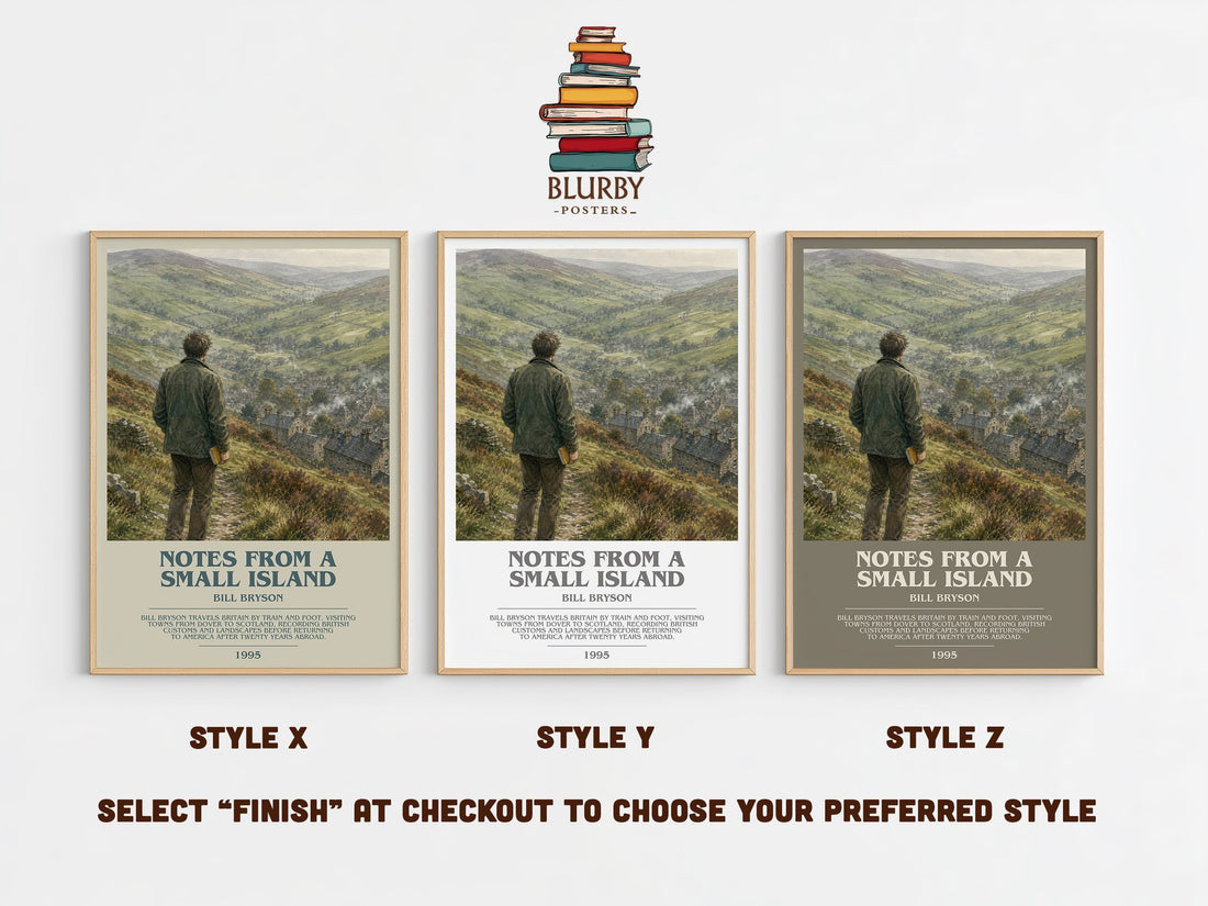 Notes from a small island bookish print in frame leaning in hallway – non fiction wall art (mockup)