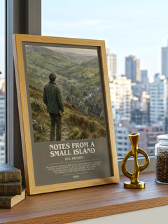 Notes from a small island bookish print framed by window – literary home decor