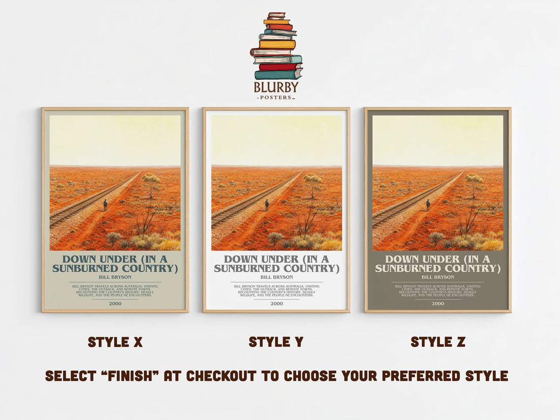 Down Under (In a Sunburned Country) bookish print in frame leaning in hallway – non fiction wall art (mockup)