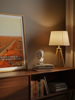 Down Under (In a Sunburned Country) watercolour print on bookshelf – Bill Bryson fan gift