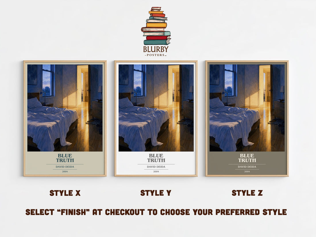Blue Truth book cover print in frame leaning in hallway – non fiction wall art (mockup)