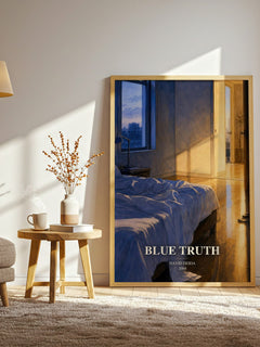 Blue Truth watercolour print in frame leaning in hallway – non fiction wall art