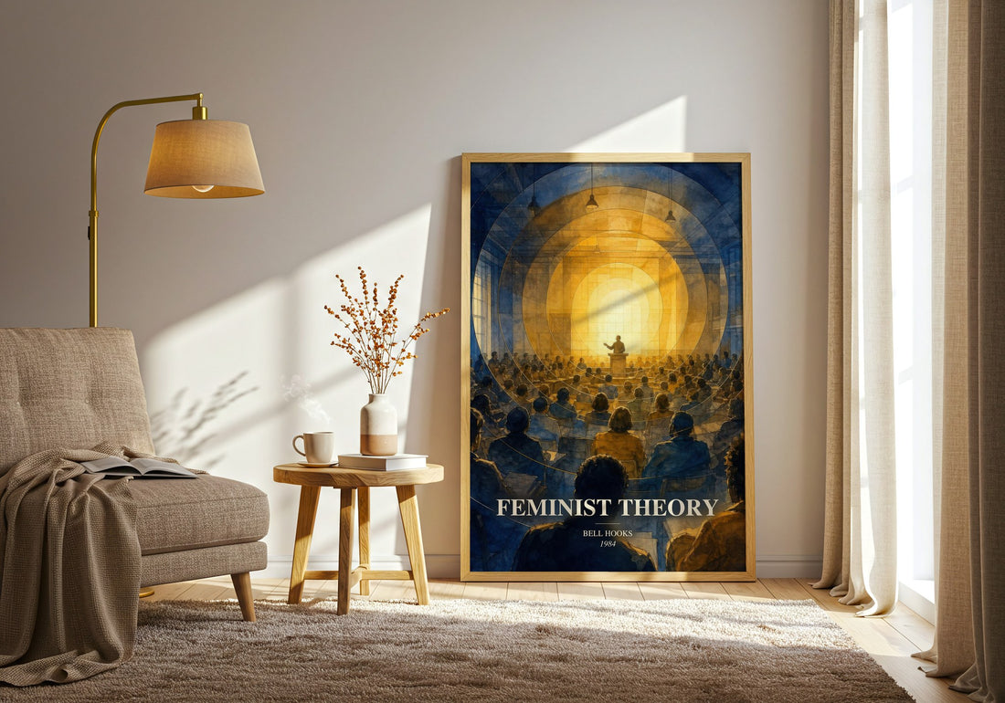 Feminist theory watercolour print in frame leaning in hallway – non fiction wall art