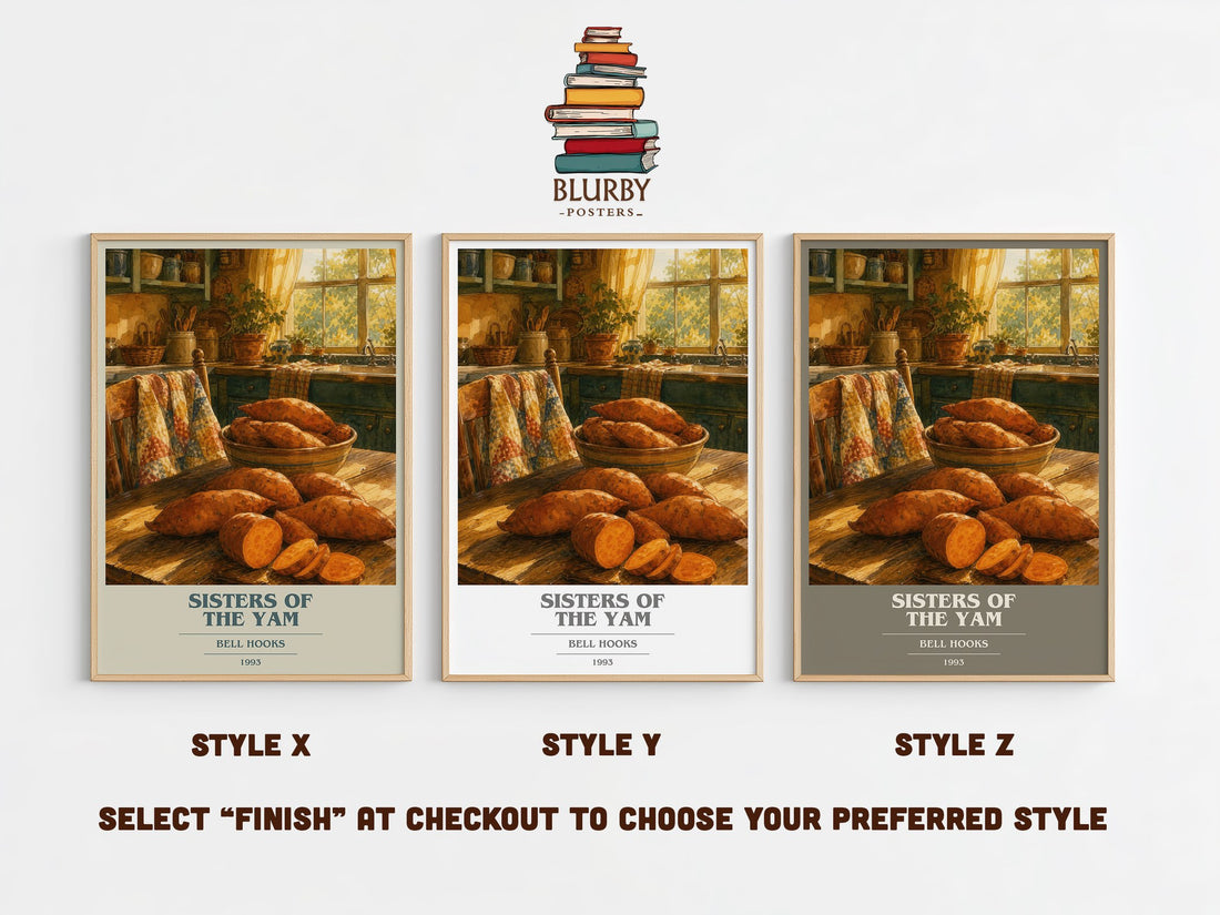 Sisters of the Yam book cover print in frame leaning in hallway – non fiction wall art (mockup)