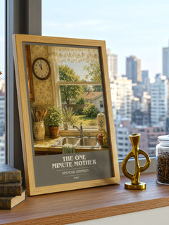 The one minute mother Book Cover Poster by Spencer Johnson – framed print on a city-view windowsill