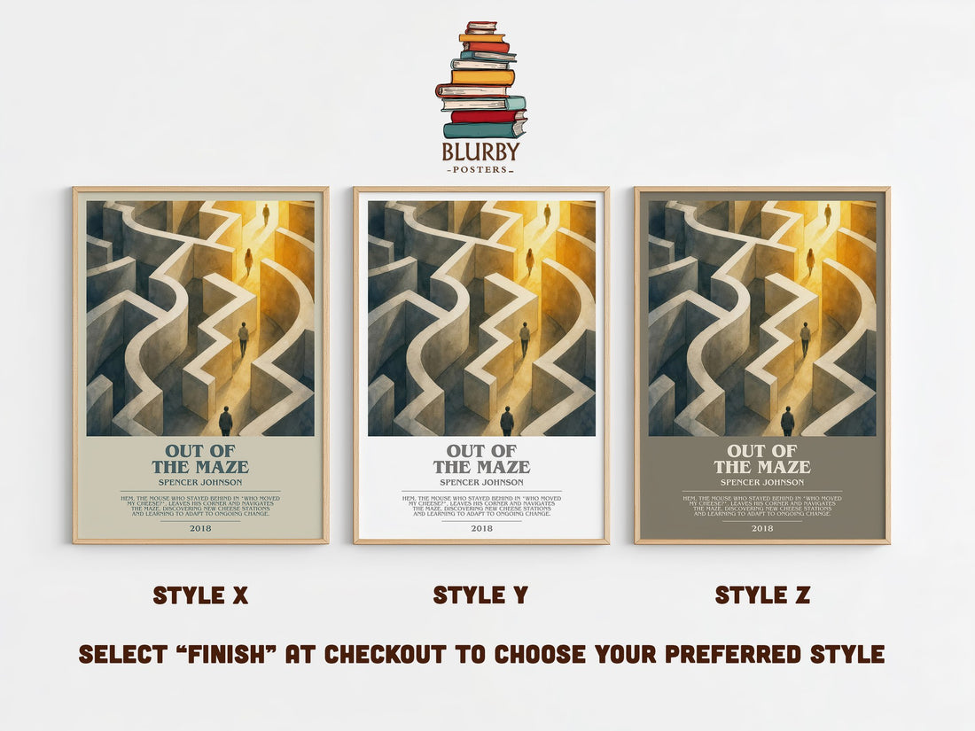 Out of the maze bookish print in frame leaning in hallway – non fiction wall art (mockup)