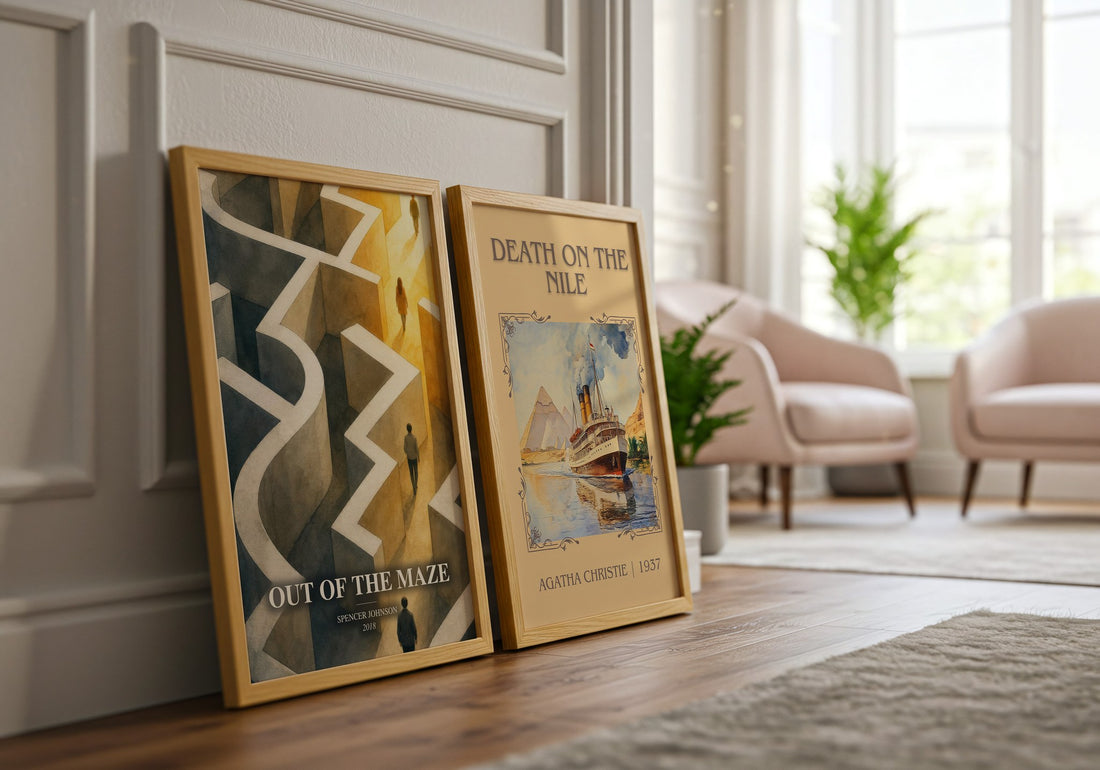 Out of the maze watercolour print framed by window – literary home decor