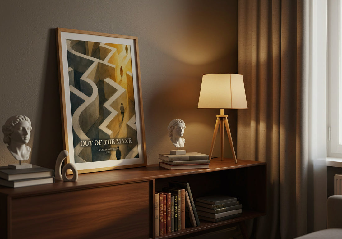 Out of the maze watercolour print on bookshelf – Spencer Johnson fan gift