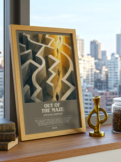 Out of the maze bookish print framed by window – literary home decor