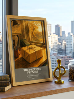 The precious present book cover print framed by window – literary home decor