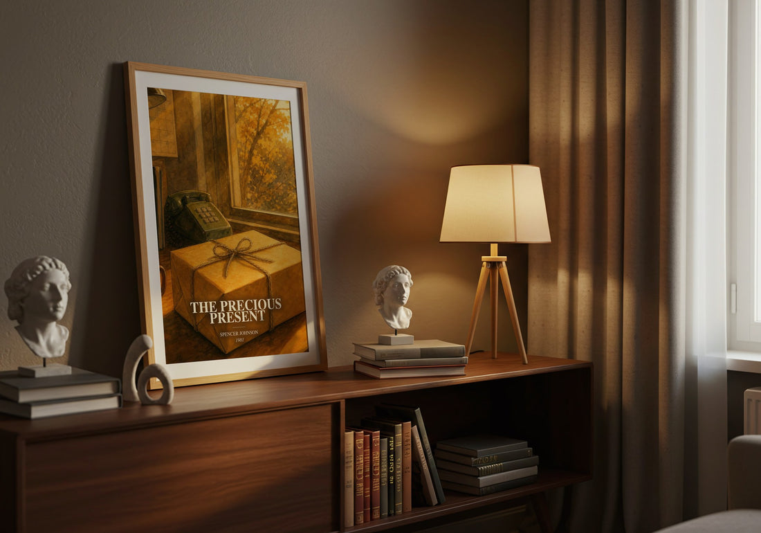 The precious present watercolour print on bookshelf – Spencer Johnson fan gift
