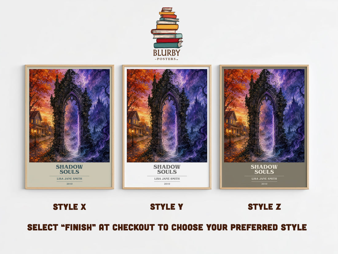 Shadow souls book cover print in frame leaning in hallway – young adult wall art (mockup)