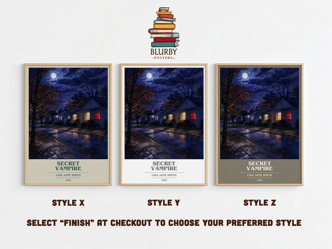 Secret vampire book cover print in frame leaning in hallway – young adult wall art (mockup)