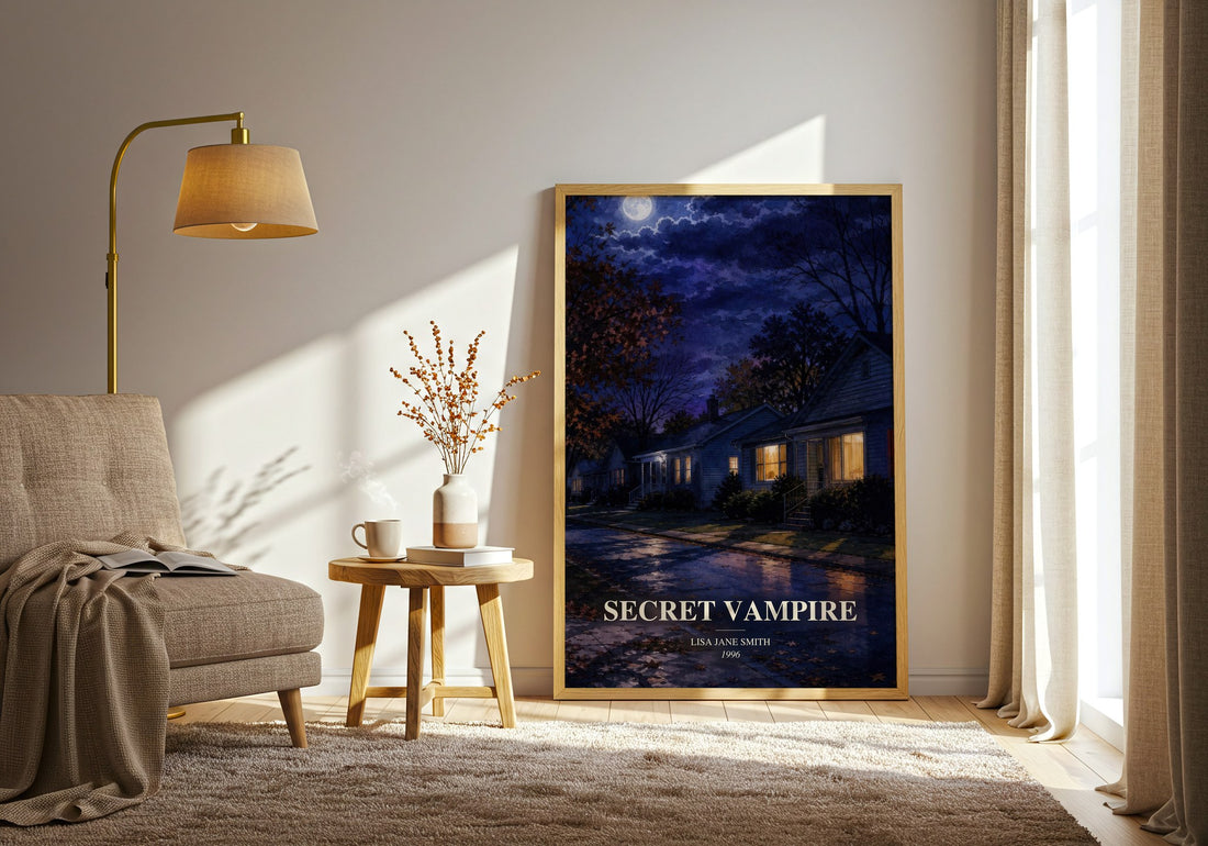 Secret vampire watercolour print in frame leaning in hallway – young adult wall art