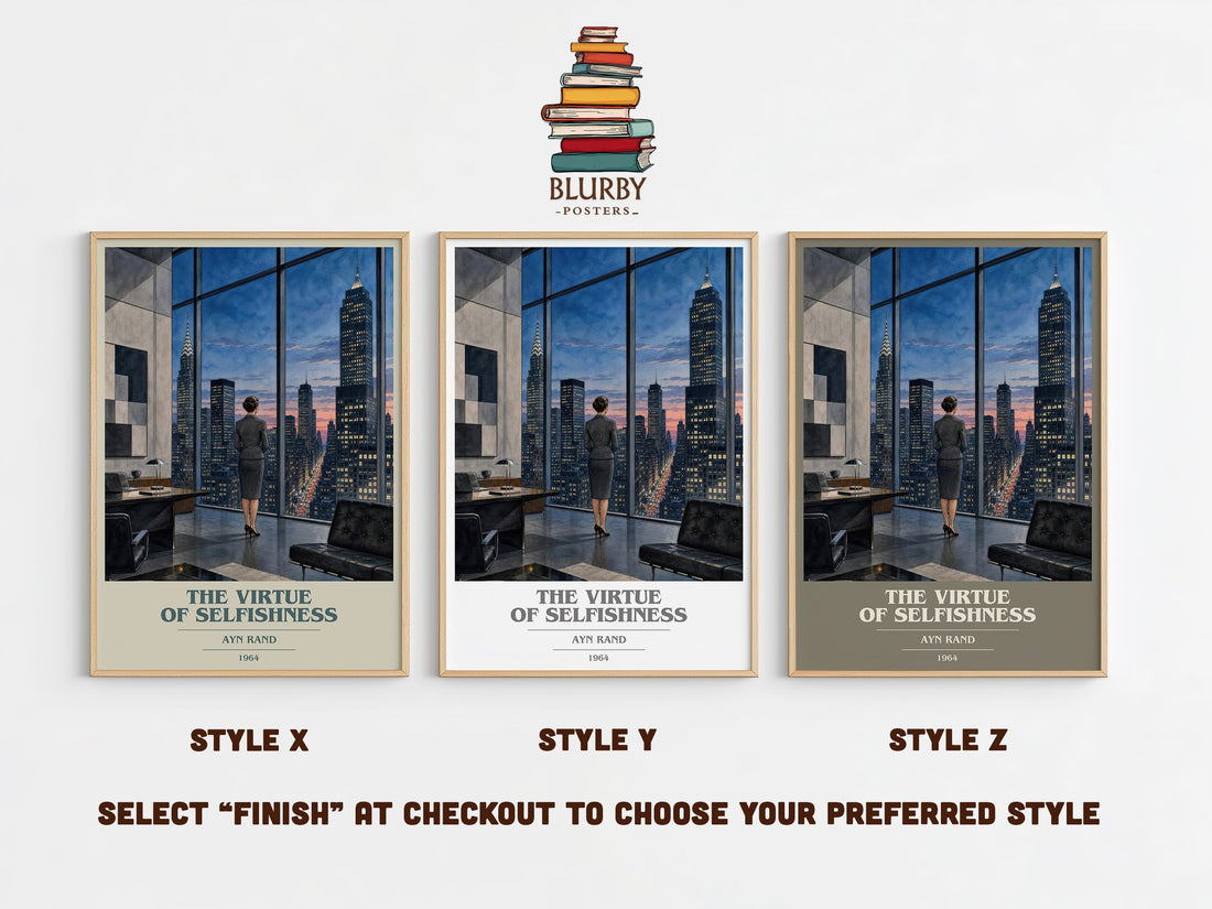 The Virtue of Selfishness book cover print in frame leaning in hallway – philosophy wall art (mockup)