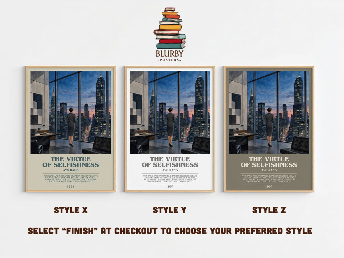 The Virtue of Selfishness bookish print in frame leaning in hallway – philosophy wall art (mockup)