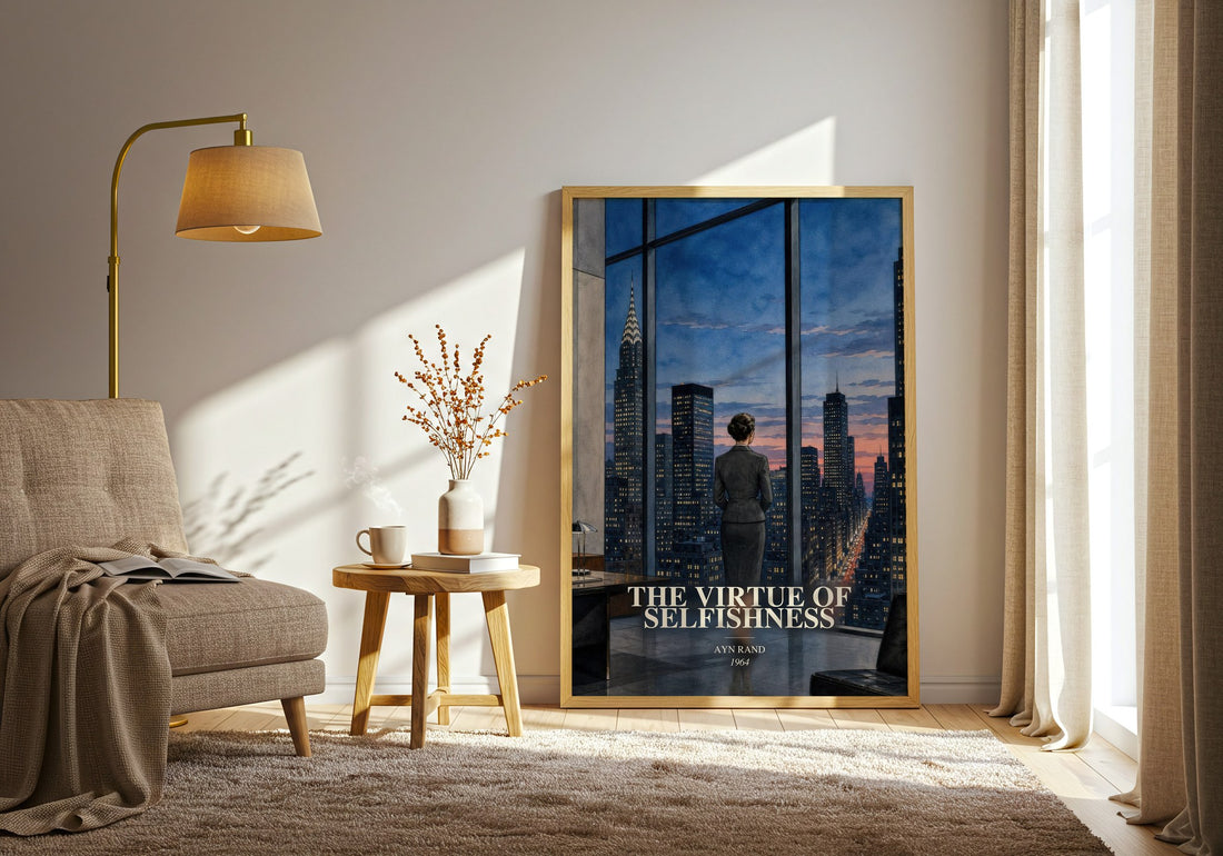 The Virtue of Selfishness watercolour print in frame leaning in hallway – philosophy wall art