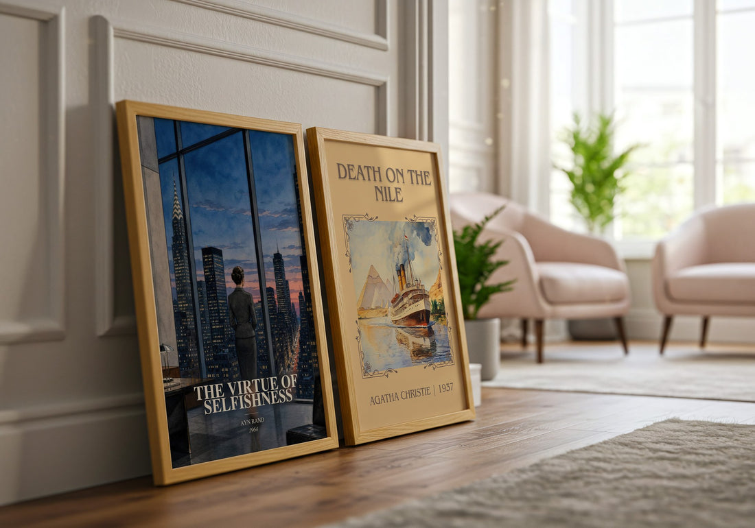 The Virtue of Selfishness watercolour print framed by window – literary home decor