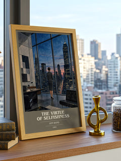 The Virtue of Selfishness book cover print framed by window – literary home decor