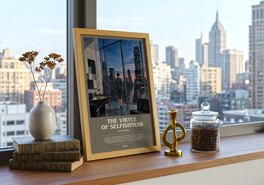 The Virtue of Selfishness bookish print framed by window – literary home decor
