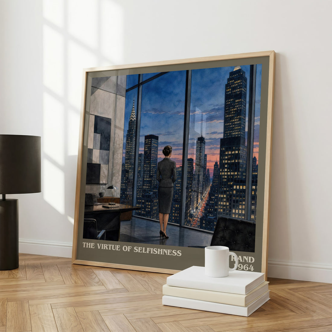 The Virtue of Selfishness literary print framed by window – literary home decor