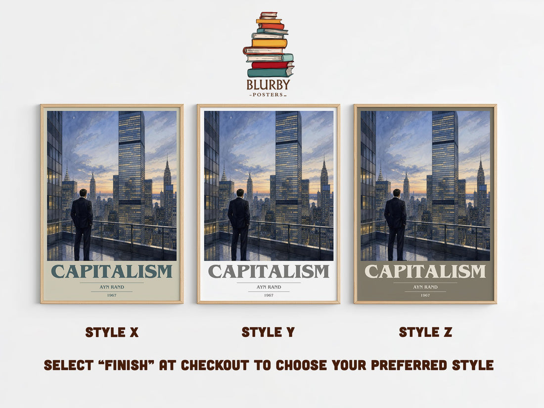 Capitalism book cover print in frame leaning in hallway – philosophy wall art (mockup)