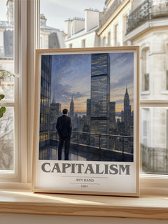 Capitalism Book Cover Poster by Ayn Rand – framed print by a bright window