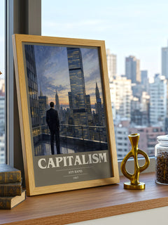 Capitalism Book Cover Poster by Ayn Rand – framed print on a city-view windowsill