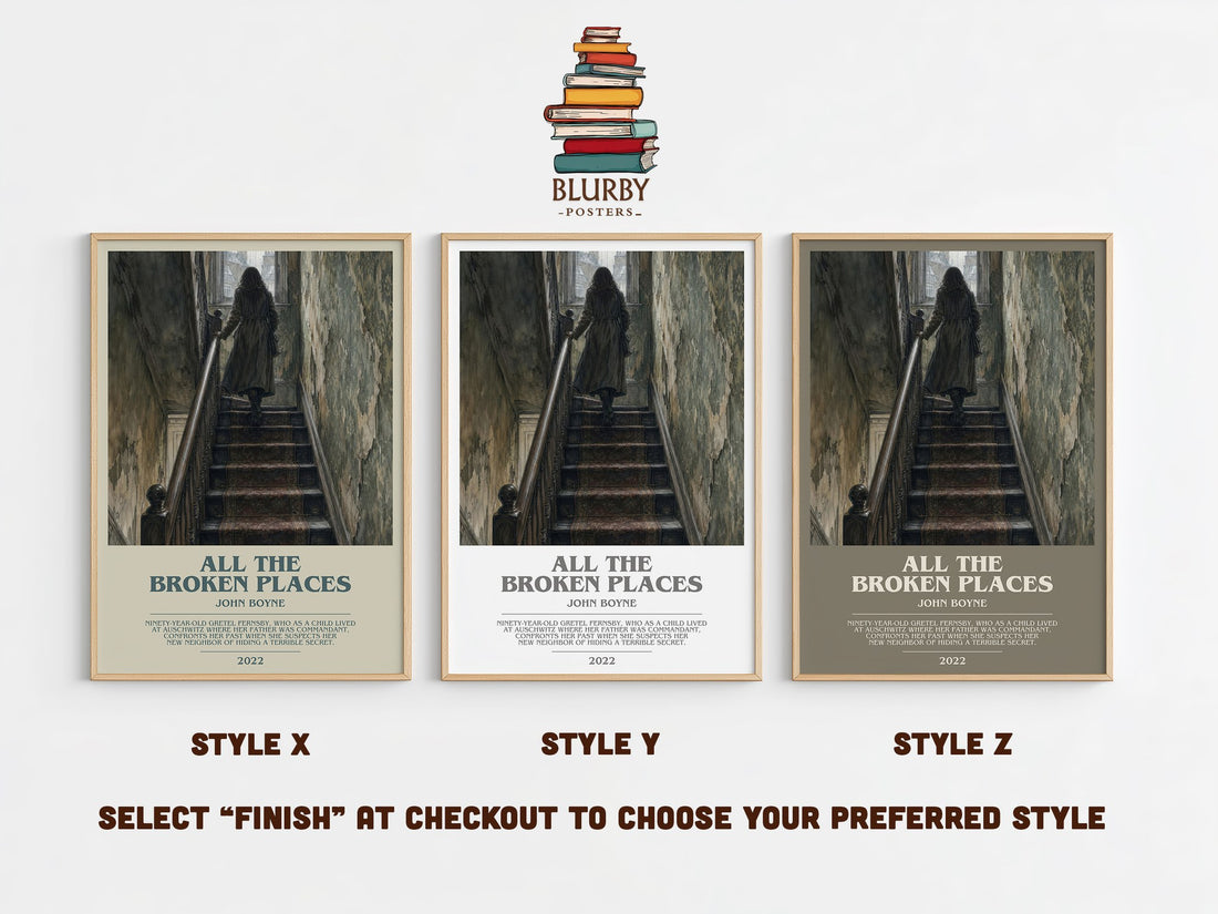 All the Broken Places bookish print in frame leaning in hallway – historical fiction wall art (mockup)