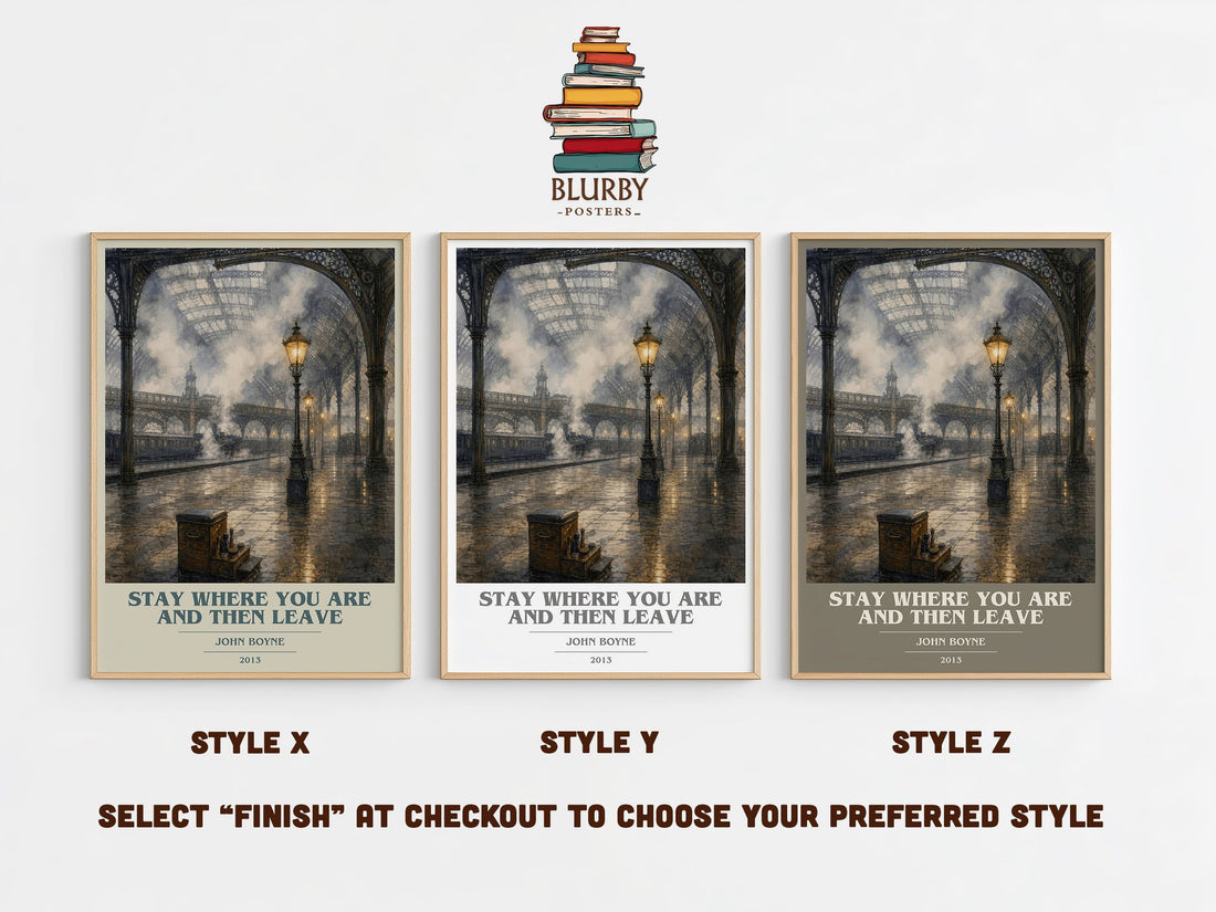 Stay Where You are and Then Leave book cover print in frame leaning in hallway – historical fiction wall art (mockup)