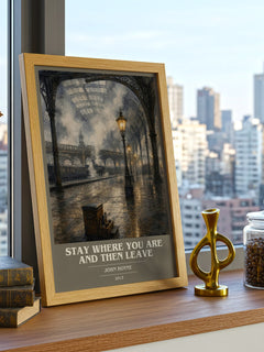 Stay Where You are and Then Leave book cover print framed by window – literary home decor