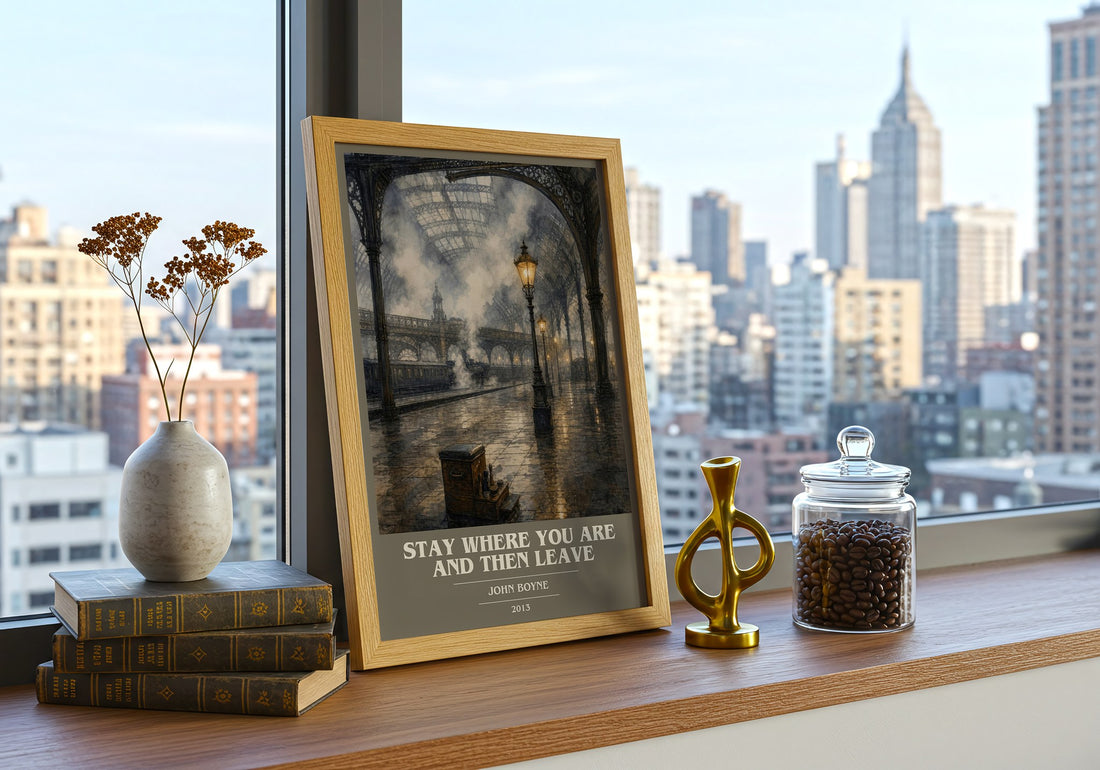Stay Where You are and Then Leave book cover print framed by window – literary home decor