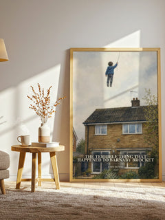 The Terrible Thing That Happened to Barnaby Brocket watercolour print in frame leaning in hallway – childrens wall art