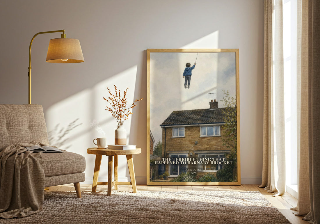 The Terrible Thing That Happened to Barnaby Brocket watercolour print in frame leaning in hallway – childrens wall art