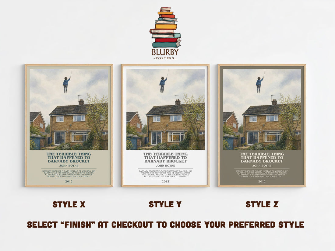 The Terrible Thing That Happened to Barnaby Brocket bookish print in frame leaning in hallway – childrens wall art (mockup)