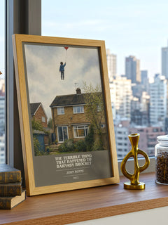 The Terrible Thing That Happened to Barnaby Brocket book cover print framed by window – literary home decor
