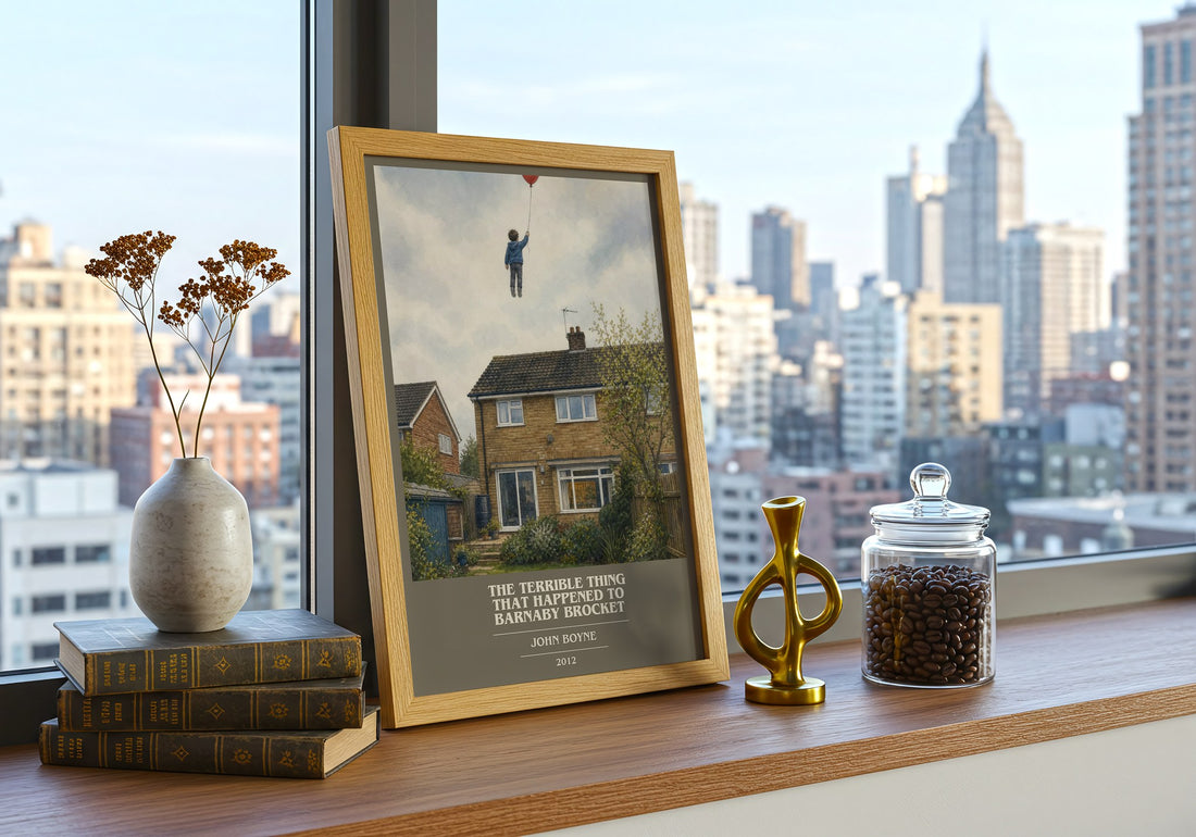 The Terrible Thing That Happened to Barnaby Brocket book cover print framed by window – literary home decor