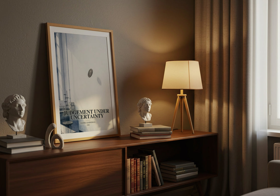 Judgement under uncertainty watercolour print on bookshelf – Daniel Kahneman fan gift