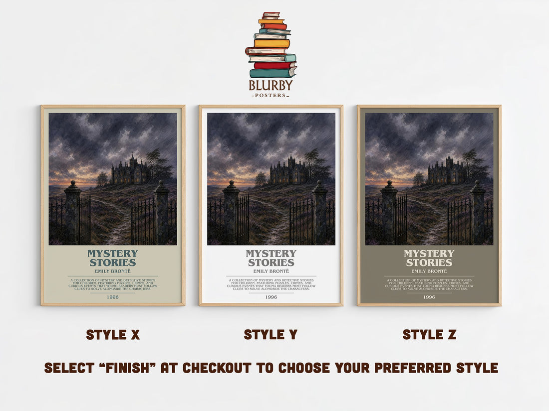 Mystery Stories bookish print in frame leaning in hallway – gothic wall art (mockup)