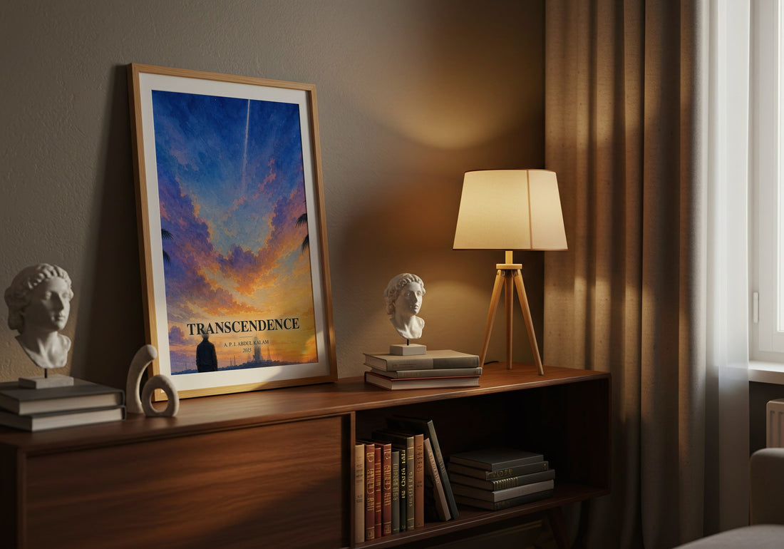 Transcendence watercolour print on bookshelf – A. P. J. Abdul Kalam fan gift