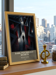 Dark Psychology Secrets book cover print framed by window – literary home decor