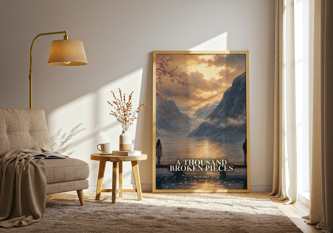 A Thousand Broken Pieces watercolour print in frame leaning in hallway – romance wall art