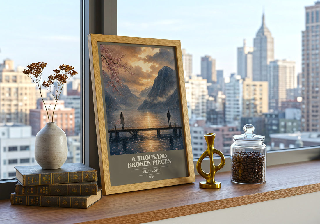 A Thousand Broken Pieces book cover print framed by window – literary home decor