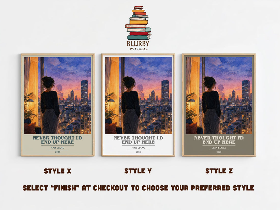 Never Thought I'd End Up Here book cover print in frame leaning in hallway – romance wall art (mockup)