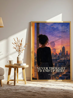 Never Thought I'd End Up Here watercolour print in frame leaning in hallway – romance wall art
